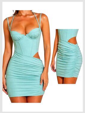 Oh Polly Corset Mini Dress Teal Ruched Cutout Size 4 S